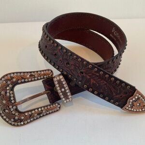 WOMENS “ANGEL RANCH” WESTERN COWGIRL TOOLED BLING STUDDED COPPER BUCKLE BELT